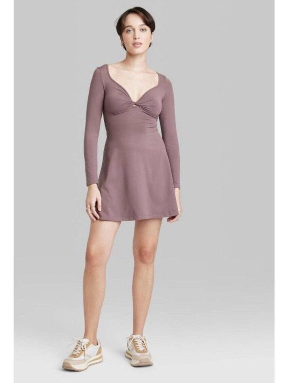 Wild Fable Longsleeve Twist-Front Mini Knit Skater Dress in Mauve